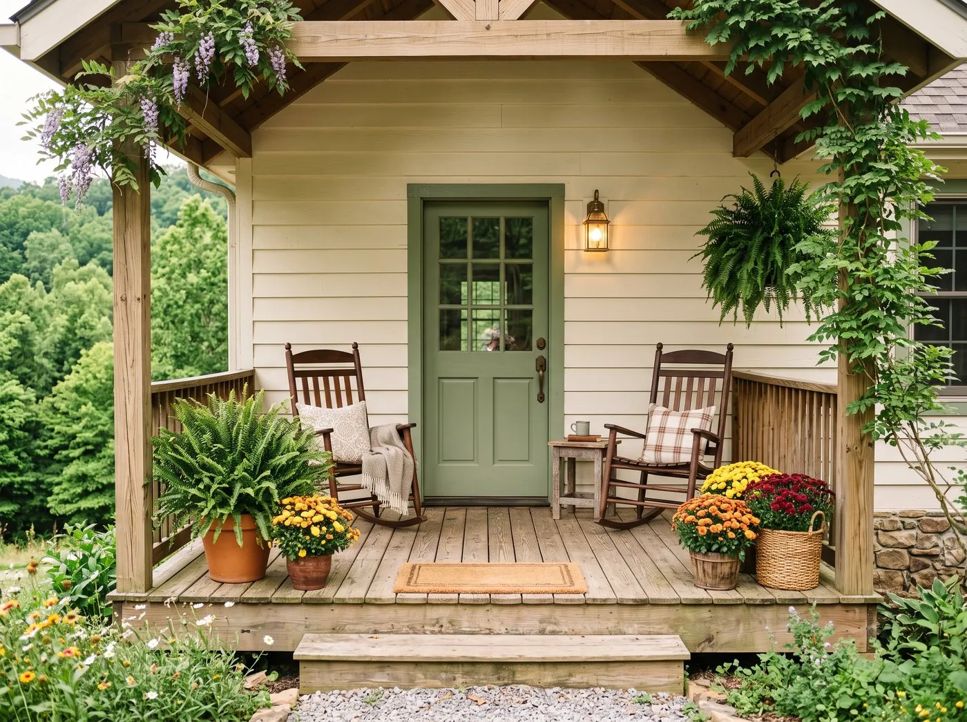 Front porch of a country home with rocking chairs