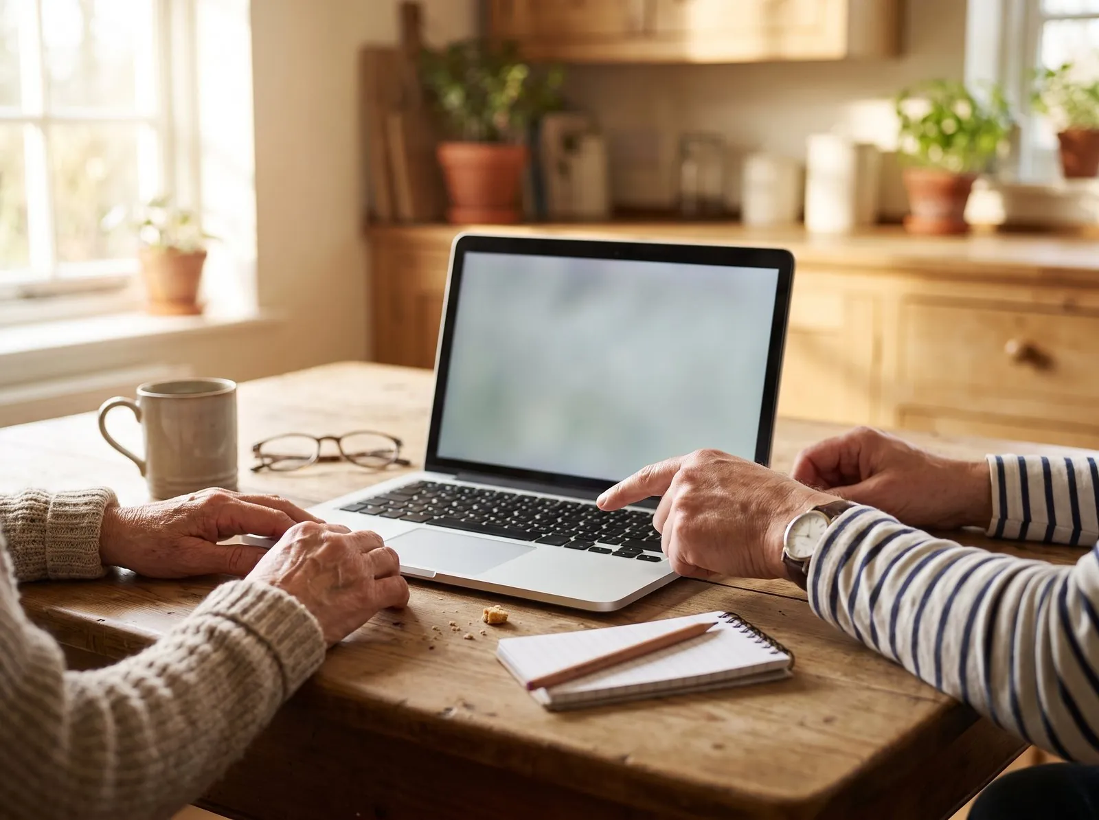 Hands pointing at a laptop on a kitchen table during an in-home tech help visit
