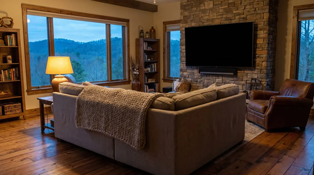 A cozy living room with a wall-mounted TV over a stone fireplace