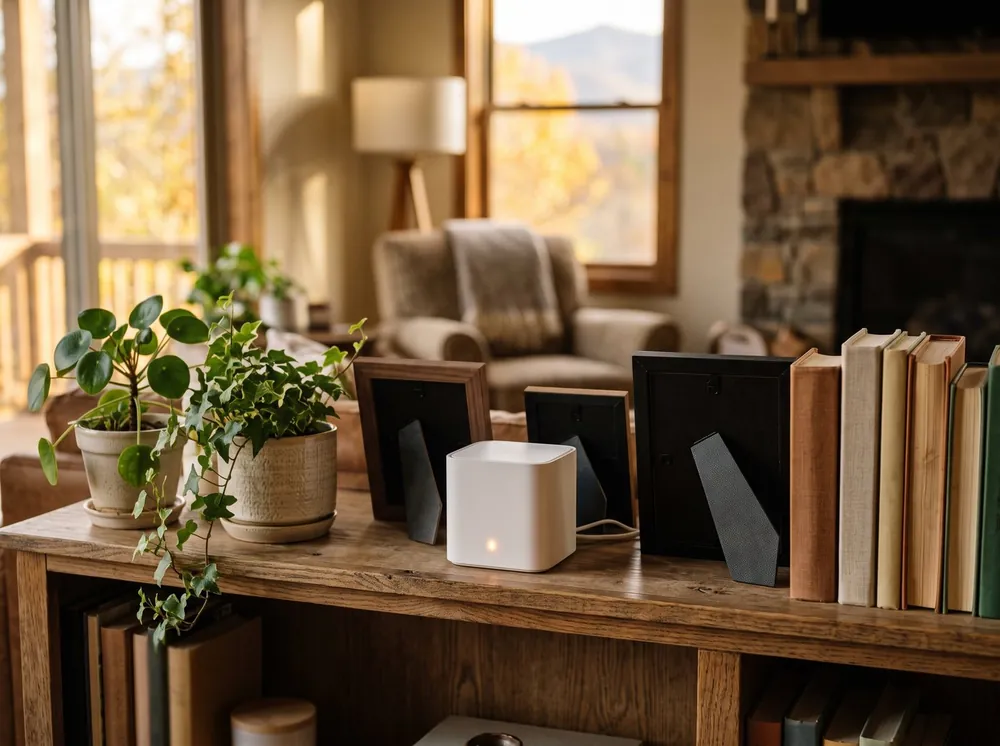 A small WiFi mesh unit on a wooden bookshelf in a living room
