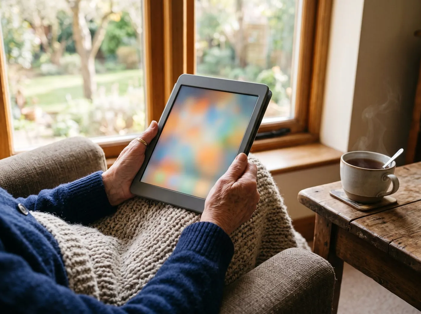An older adult holding a tablet in a comfortable armchair